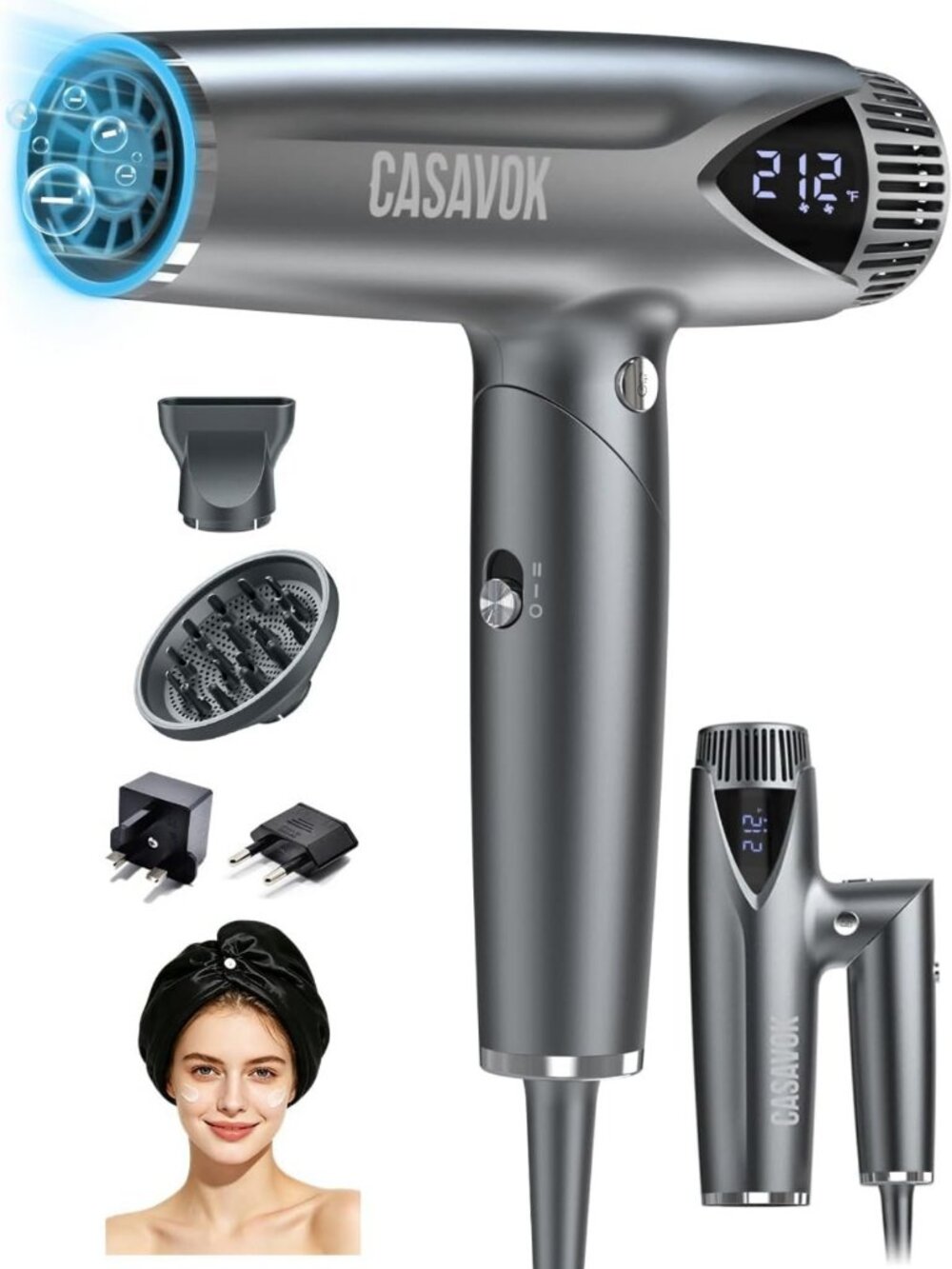 Travel-Friendly Dual Voltage Hair Dryer, Foldable with Diffuser for Easy Styling